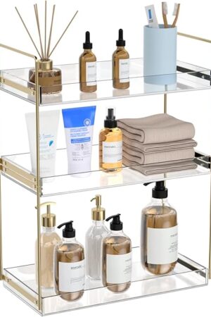 Acrylic Tray 3 Tier Bathroom Countertop Organizer Skincare Organizer Shelf Standing Rack Gold