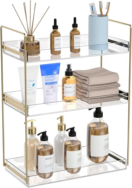 Acrylic Tray 3 Tier Bathroom Countertop Organizer Skincare Organizer Shelf Standing Rack Gold