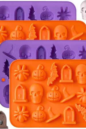 4 Pack Halloween Silicone Chocolate Molds, 3D Pumpkin Bat Skull Witch Hat Spider Tombstone Shaped Cake Molds for Chocolate, Candy, Cupcake, Muffin, Soap, Cake Decoration