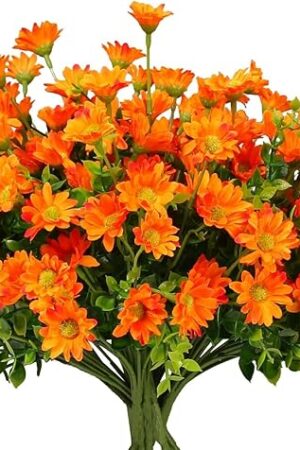 alyptus 8 Bundles Artificial Flowers for Outdoors Faux Mums UV Resistant Plastic Fall Plants Fake Greenery Orange Daisy Bulk for Home Gardenr Window Box Pathway Plante Wedding Decor (Orange)