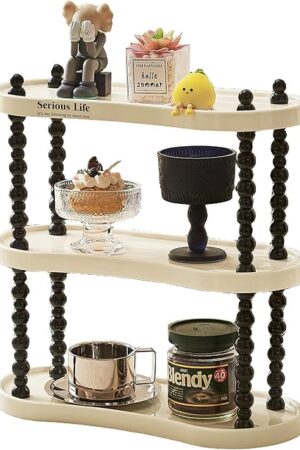 Countertop Coffee Station Organizer| 3 Tier Wine Glass Holder, Coffee Mug & Whisky Cup Tray Shelf, Spice Rack for Kitchen, Bathroom Countertop Organizer, Cream White