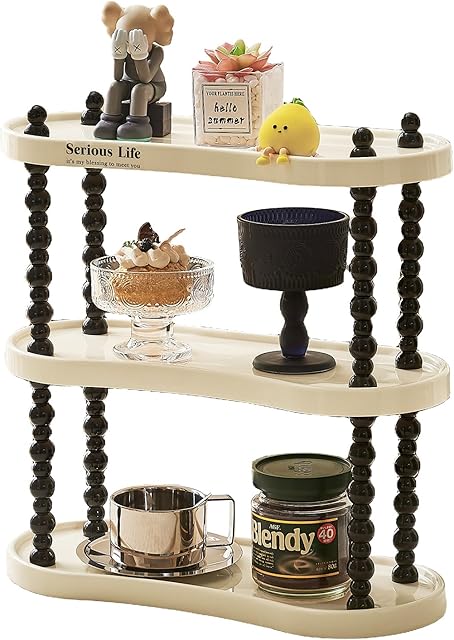 Countertop Coffee Station Organizer| 3 Tier Wine Glass Holder, Coffee Mug & Whisky Cup Tray Shelf, Spice Rack for Kitchen, Bathroom Countertop Organizer, Cream White