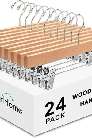 Amber Home 24 Pack Natural Wooden Pants Hangers with Clips, Wood Skirt Hangers Trouser Hangers for Jeans, Slacks, Shorts with 2-Adjustable Clips