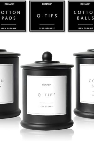 3 Pack Farmhouse Bathroom Organizers and Storage - 16Oz Glass Apothecary Jars with Lids for Qtip Holder, Cotton Swab Organizer, Bathroom Decor and Vanity Storage with Waterproof Labels(Black)