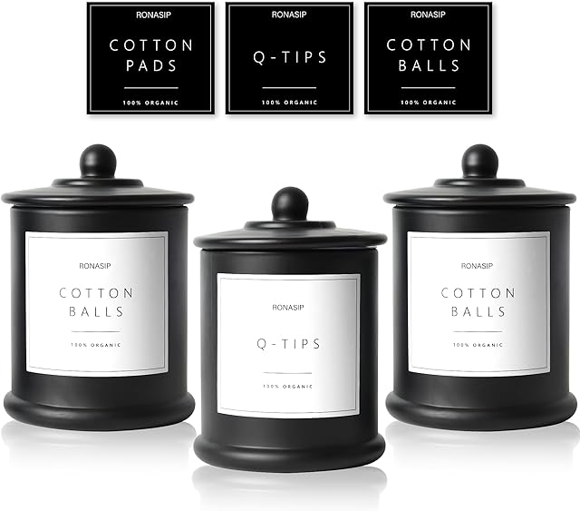 3 Pack Farmhouse Bathroom Organizers and Storage - 16Oz Glass Apothecary Jars with Lids for Qtip Holder, Cotton Swab Organizer, Bathroom Decor and Vanity Storage with Waterproof Labels(Black)