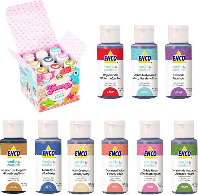 ENCO Yummy Collection 9 Food Coloring Gel Set 1.41 oz each (40 g) includes Cookie Decoration Guide