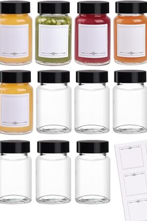 16 Pack 2 oz Glass Shot Bottles with Black Lids & Labels, Wide Mouth 60 ml Small Glass Bottles for Ginger, Leakproof Travel Mini Clear Jars for Wellness Shot, Juice - Dishwasher Safe