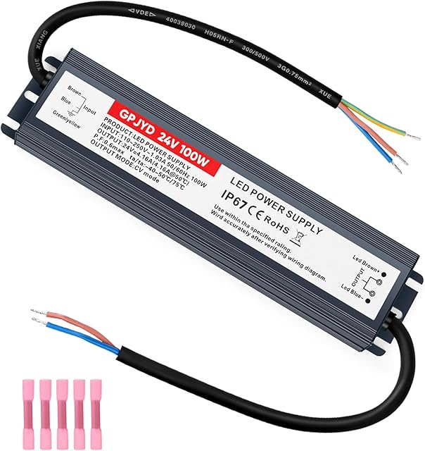 24V Power Supply 100W LED Driver Waterproof IP67, 110V-250V AC to 24V DC 4.16A Low Voltage Transformer Adapter for Indoor and Outdoor LED Light, Computer Project Use