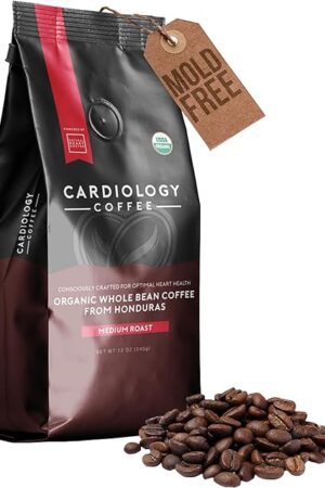 Cardiology Coffee – Whole Bean Coffee – USDA Certified Mold-Free 12oz Premium Medium Roast Organic Coffee Beans with Antioxidant Benefits – Perfect for Heart Healthy Lifestyle