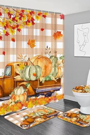 4PCS Fall Thanksgiving Day Shower Curtain，Autumn Pumpkin Truck Bathroom Shower Curtain Set with Non-Slip Rug Toilet Lid Cover Bath Mat 12 Hooks，Orange Maple Leaf Bathroom Decor Accessory Set