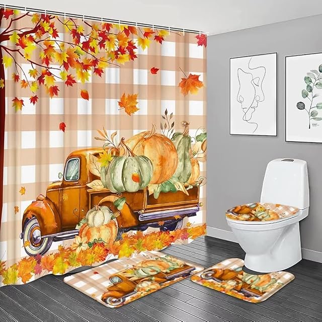 4PCS Fall Thanksgiving Day Shower Curtain,Autumn Pumpkin Truck Bathroom Shower Curtain Set with Non-Slip Rug Toilet Lid Cover Bath Mat 12 Hooks,Orange Maple Leaf Bathroom Decor Accessory Set