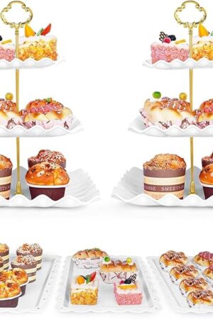 5 Pcs Dessert Table Display Set - 2 Pcs 3-Tier Dessert Display Stands & 3 Pcs Serving Tray - Dessert Trays Dessert Stands Treat Table Displays Set for Tea Parties,Birthdays & Baby Showers