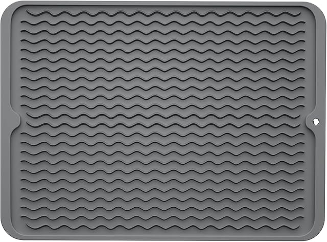 ZLR Silicone Dish Drying Mat for Kitchen Counter, Eco-Friendly Fast Dry Dish Mat, Easy Clean Multi Usage Drying Matt, Heat Resistant Trivet, 12" x 16" Large, Dark Gray