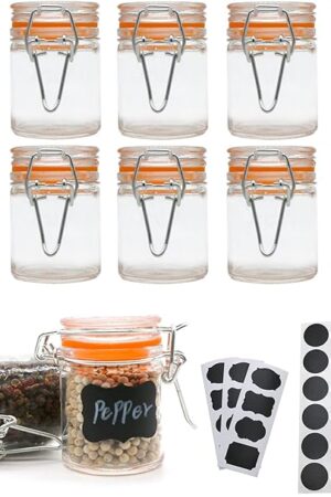 1.7 oz Mini Glass Spice Jars with Labels, Small Stash Jars with Airtight Hinged Lid, 12 Pack Empty Spice Bottles with Rubber Gasket for Herb Tea Seasoning Storage