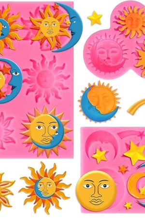 Whaline 3 Packs Sun Moon Face Star Fondant Molds Ramadan Eid Mubarak Silicone Molds Chocolate Candy Mould for Kitchen Party Baking Sugar Craft Gum Resin Clay Family Gathering Decor Supplies
