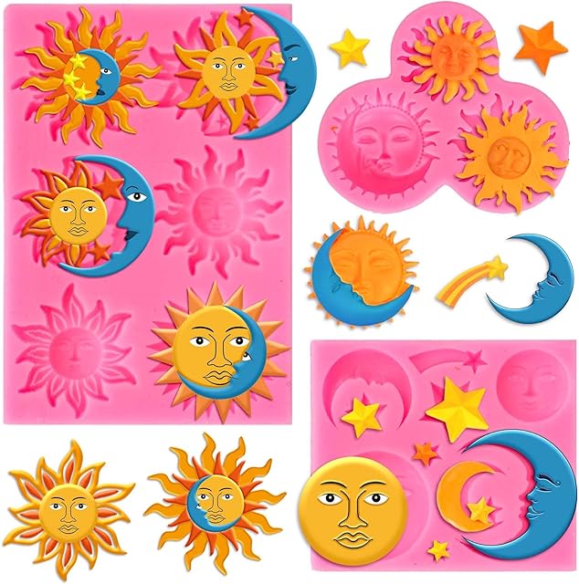 Whaline 3 Packs Sun Moon Face Star Fondant Molds Ramadan Eid Mubarak Silicone Molds Chocolate Candy Mould for Kitchen Party Baking Sugar Craft Gum Resin Clay Family Gathering Decor Supplies