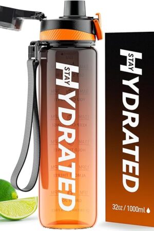 Water Bottle, 32 oz Motivational Water Bottles with Time Marker-Tritan & BPA Free, Sports Water Bottle with Time to Drink & Strap, Wide Mouth, Leakproof -Gift for Christmas Gym Fitness & Outdoor