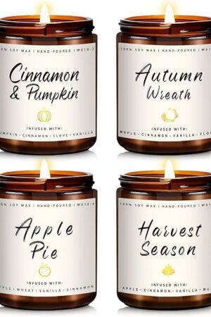 Auelife Fall Candle Set | 4 Pack Scented Candles for Home - Candle Gifts for Women Men, Soy Candles Home Scented | Autumn Fragrance of - Apple Pie/Cinnamon/Harvest/Wreath
