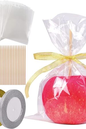 122 Pcs Candy Apple Kit Supplies, 60 Pcs Candy Apple Bags, Apple Bamboo Sticks, Gold and Sliver Glitter Ribbon