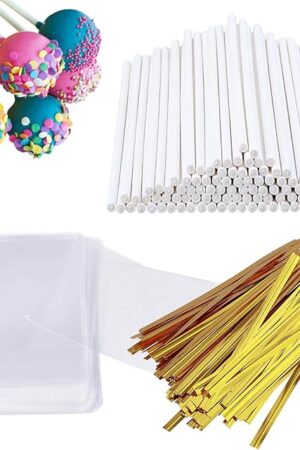 300 PCS Cake Pop Sticks and Wrappers Kit, Including 100ct 6-inch Paper Lollipop Sticks, 100ct Clear Candy Treat Bags Parcel, 100ct Gold Twist Ties for Cakepop, Lollipop, Hard Candy, Suckers, Chocolate