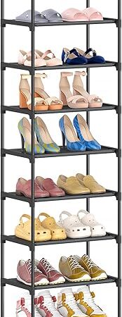 10 Tier Tall Shoe Rack, Non-Woven Fabrics Compact Narrow Shoe Stand Shelf, Vertical Small Space Saving Storage Organizer for Closet Floor, Front Door Entrance, Entryway, Black