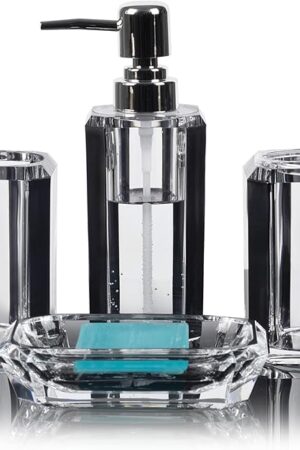 4 Piece Premium Acrylic Bathroom Accessory Set, Hand Sanitizer Bottle, Lotion Can Bathroom Suit, Separate Bottle Soap Box, Mouthwash Cup, Toothbrush Cup(Brushed Black)