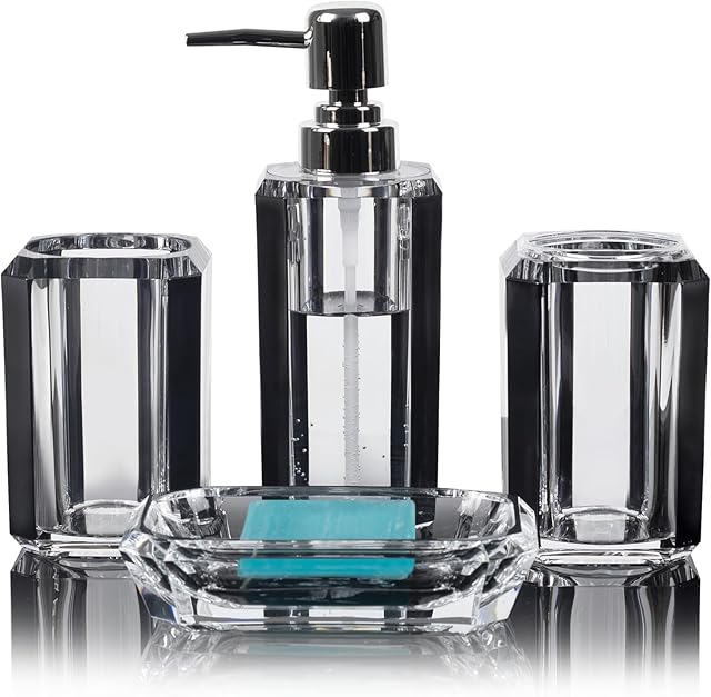 4 Piece Premium Acrylic Bathroom Accessory Set, Hand Sanitizer Bottle, Lotion Can Bathroom Suit, Separate Bottle Soap Box, Mouthwash Cup, Toothbrush Cup(Brushed Black)