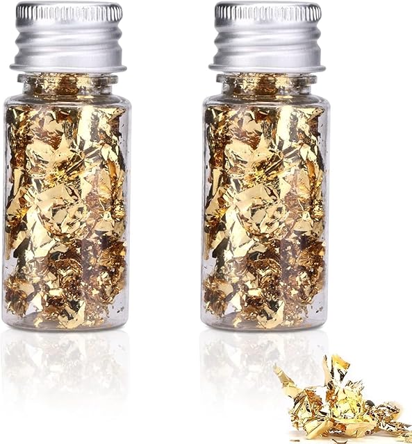 2 Bottles Gold Leaf, Gold Flakes Golden Leaf Flakes for Decorating 10g Golden Foil Flakes for Nail Art, Epoxy Resin, Greeting Cards, Paintings, Candle Making