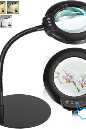 10X Magnifying Glass with Light, Flexible Gooseneck Lighted Magnifier with Stand, 5 Color Modes Dimmable LED Desk Lamp Hands Free for Crafts Painting Sewing Jewelry Reading Close Work