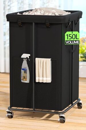 150L Laundry Hamper with Wheels, Rolling Laundry Basket with Metal Frame and Removable Bag, Large & Tall Dirty Clothes Hampers for Bedroom Aesthetic, Laundry Room, Bathroom, Dorm-Black