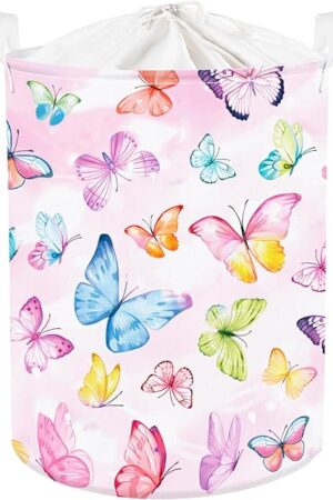 Clastyle 45L Pink Butterfly Kid Laundry Hamper for Girl Collapsible Clothes Toy Storage Basket with Lid for Bedroom Bathroom Nursery