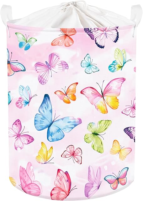 Clastyle 45L Pink Butterfly Kid Laundry Hamper for Girl Collapsible Clothes Toy Storage Basket with Lid for Bedroom Bathroom Nursery