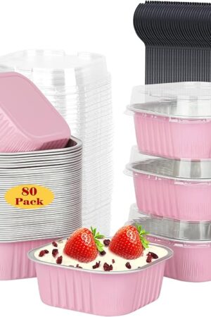 5oz/80pack Mini Cake Tins Cupcake Pan with Lids,LNYZQUS Aluminum Foil Baking Cups,Disposable Ramekins Small Brownie Muffin Pans Mini Cheesecake Containers for Home Bakery-Pink