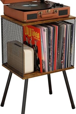 X-cosrack Record Player Stand with Storage up to 100 Albums, Retro Small Vinyl Record Holder - Adjustable Divider, Book/LP Record Storage Holder and Organizer Vinyl Table for Bedroom Living Room