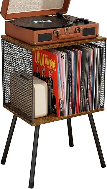 X-cosrack Record Player Stand with Storage up to 100 Albums, Retro Small Vinyl Record Holder - Adjustable Divider, Book/LP Record Storage Holder and Organizer Vinyl Table for Bedroom Living Room