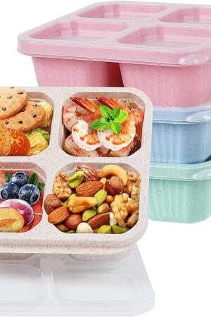 4 Pack Bento Snack Containers Set， 4 Compartment Food Storage Containers ，Wheat Straw Meal Prep Lunch Box ，Plastic Food Storage container, Microwave and Dishwasher Safe (4colour)