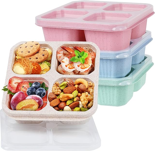 4 Pack Bento Snack Containers Set, 4 Compartment Food Storage Containers ,Wheat Straw Meal Prep Lunch Box ,Plastic Food Storage container, Microwave and Dishwasher Safe (4colour)