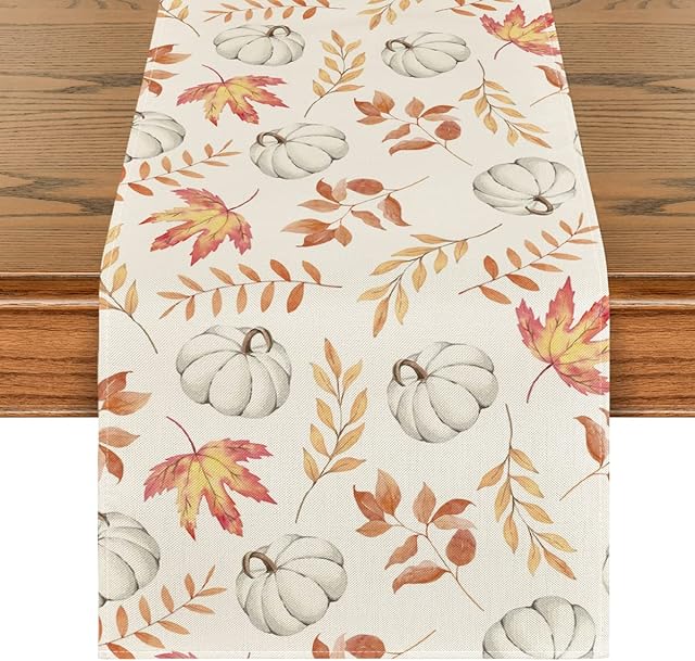 Artoid Mode Orange Pumpkins Fall Maple Leaves Fall Table Runner, Seasonal Autumn Kitchen Dining Table Decoration for Home Party Decor 13x72 Inch