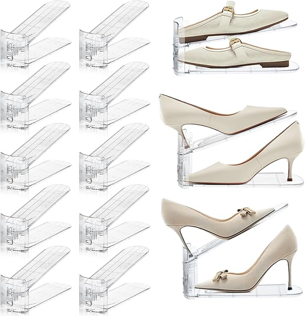 Adjustable Shoe Slots Organizer,12PACK Transparent Shoe Stackers Shoe Rack Holder Shoe Space Savers Double Layer Stack Shoe Racks for Closet Organization(Transparent)