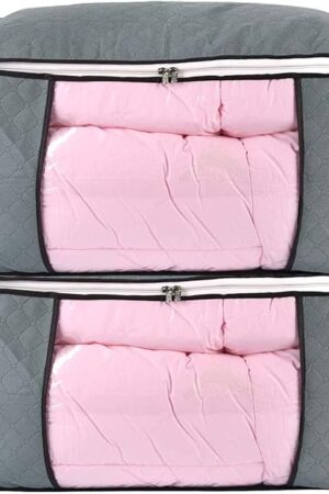 combocube Comforter Storage Bag, Zippered Bag with Large Clear Window and Carry Handles, Space Saver Organizers for Closet, Blanket, Pillow, Quilt, Bedding, Clothes (2Pcs Grey Large)