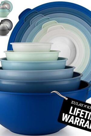 Zulay Kitchen 12 Piece Plastic Mixing Bowls with Leak-Proof Lids Set - Microwave and Freezer Safe Kitchen Mixing Bowls for Preparing, Serving and Storing - Large Nesting Bowls (Blue Ombre)