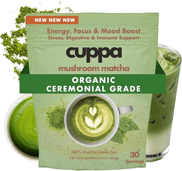 Cuppa Healthy Mushroom Matcha with Lion's Mane & Ashwagandha (30 Servings) | No Crash or Jitters | for All Day Energy & Focus | Nootropics for Brain Health | Gut Health, Immunity, Stress | Memory + Mood Support