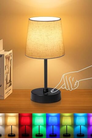 Ascher Small Cordless Table Lamp RGB 7 Color Changing, 3 Color Temperatures, Built-in Rechargeable Battery, Dimmable Portable Bedside Night Lamp, Flaxen Shade Ambient Light for Restaurant, Bedroom