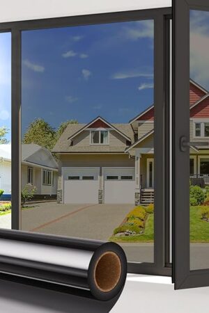 Coavas Window Privacy Film One Way, Reflective Home Glass Mirror Tint See Out Not in, Heat Control Sun Blocking Static Cling for Office Front Door Daytime Privacy Covering, Black-Silver, 17.5x78.7 in