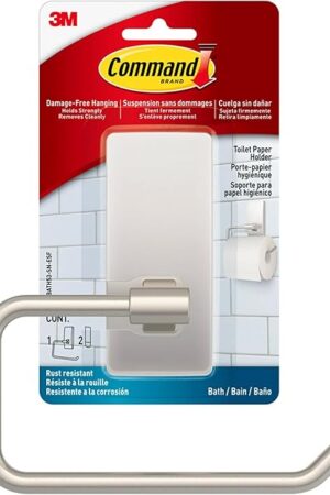 Command Toilet Paper Holder Satin Nickel with Water Resistant Command Strips, Rust Resistant Bathroom Organizer