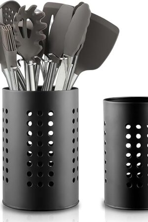 Berglander Kitchen Utensils Holder for Counter Top 2 Pieces, Black Stainless Steel Cutlery Holder, Kitchen Essentials Farmhouse Style Home Countertop Organizer