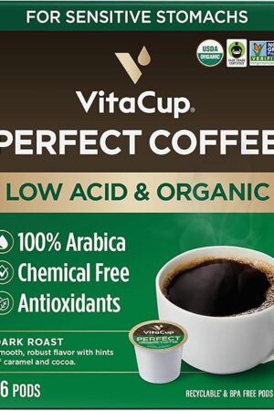 VitaCup Perfect Low Acid Coffee Pods, USDA Organic & Fair Trade, Mycotoxin Free, Dark Roast Guatemala Single Origin, Clean & Pure Recyclable Single Serve Pod compatible w/Keurig K-Cup Brewers,16 CT