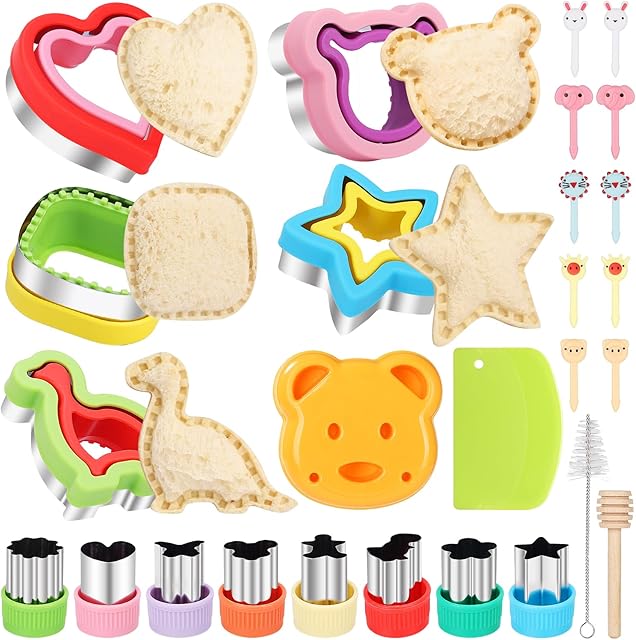 27Pcs Sandwich Cutter and Sealer Set,5pcs Bread Sandwich Sealer Decruster Maker,1pcs Bear-Shaped Silicone Mould and 8pcs mini Vegetable Cutters and 12pcs Ancillary Accessories