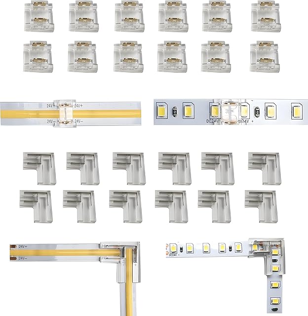 24Pcs 2Pin 10mm Straight & L Shape Led Strip connectors for 10mm Width COB/SMD Single Color Led Strips