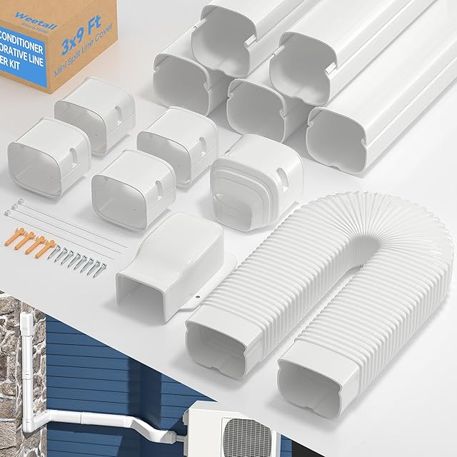 9 Ft Cover for AC Lines with Flexible Duct, Decorative Upgrade PP 3 Inch Line Set Cover for Ductless Mini Split Air Conditioner, Full Set Suitable for Heat Pumps Indoor & Outdoor